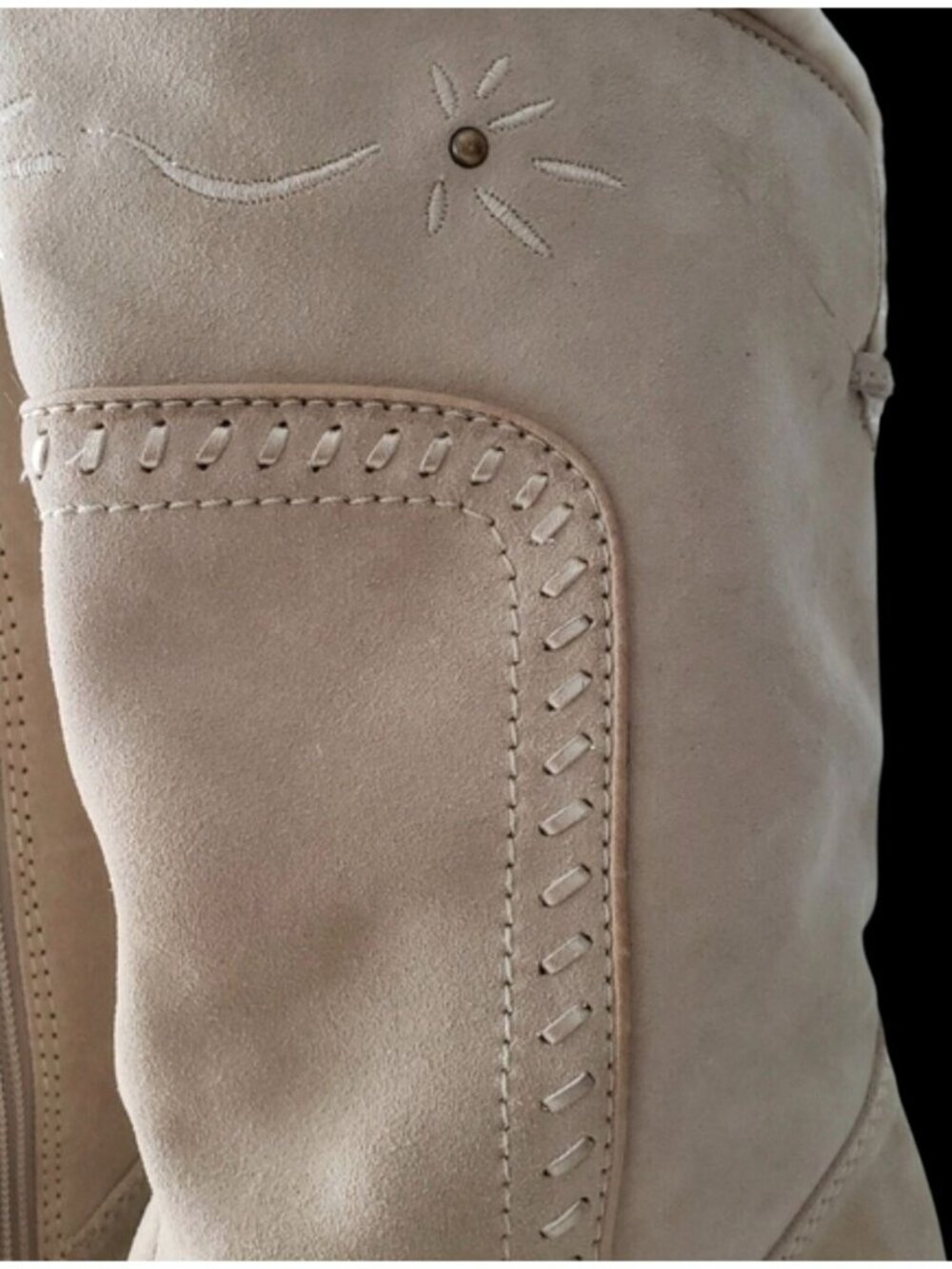 Beige Suede Waterproof Mid-Calf Boots With Embroidered Boho  Detail & Fur Lining - Picture 5 of 16